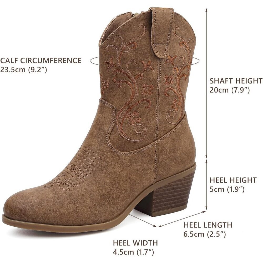Woman's Brown Rubber Cowgirl Floral Embroidery Stylish Classic Comfortable Boots - Picture 6 of 6